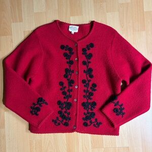 Susan Bristol Vintage Red Wool Floral Hand Embroidered Cardigan